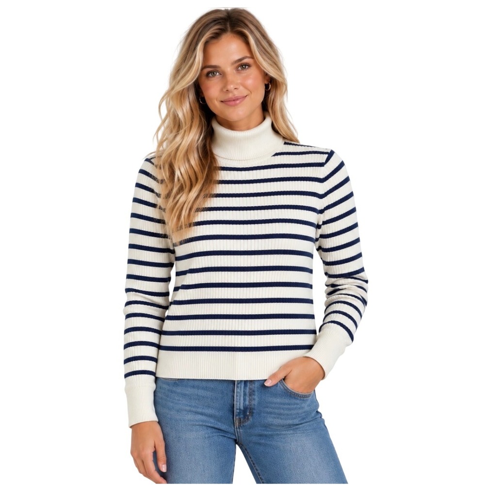 J.Crew Striped Ribbed Turtleneck Sweater Ivory Navy Blue Small Puff Sleeve